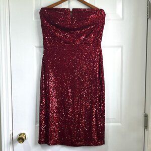 Premier Amour Cherry Red Sequin Strapless Holiday Cocktail Mini Dress Size 14